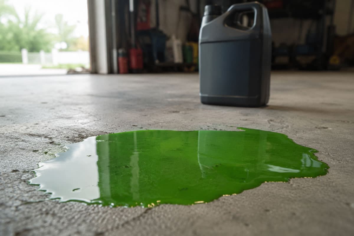 A puddle of bright green antifreeze on a garage concrete floor, with an unbranded jug in the background