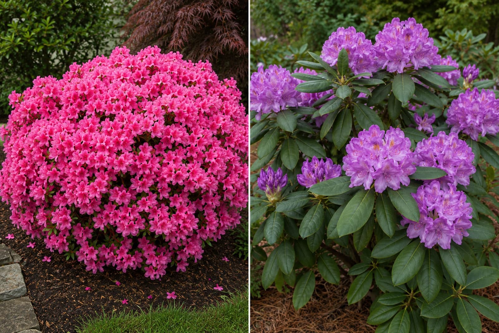 Left, an azalea mound covered in pink flowers; right, a rhododendron with large leathery evergreen leaves and trusses of purple flowers