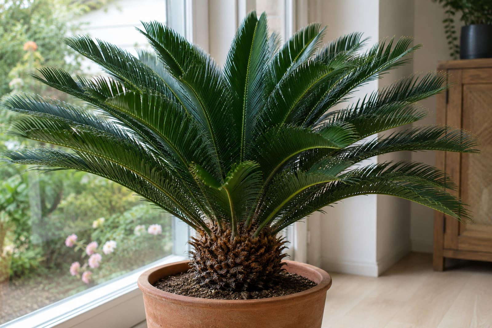 Sago palm in a terracotta pot by a window: a crown of stiff glossy fronds on a shaggy brown trunk